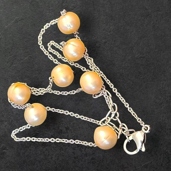 Estate Jewelry - Silver Tone Chain Champagne Pearl‎ Station Necklace 18"-20"